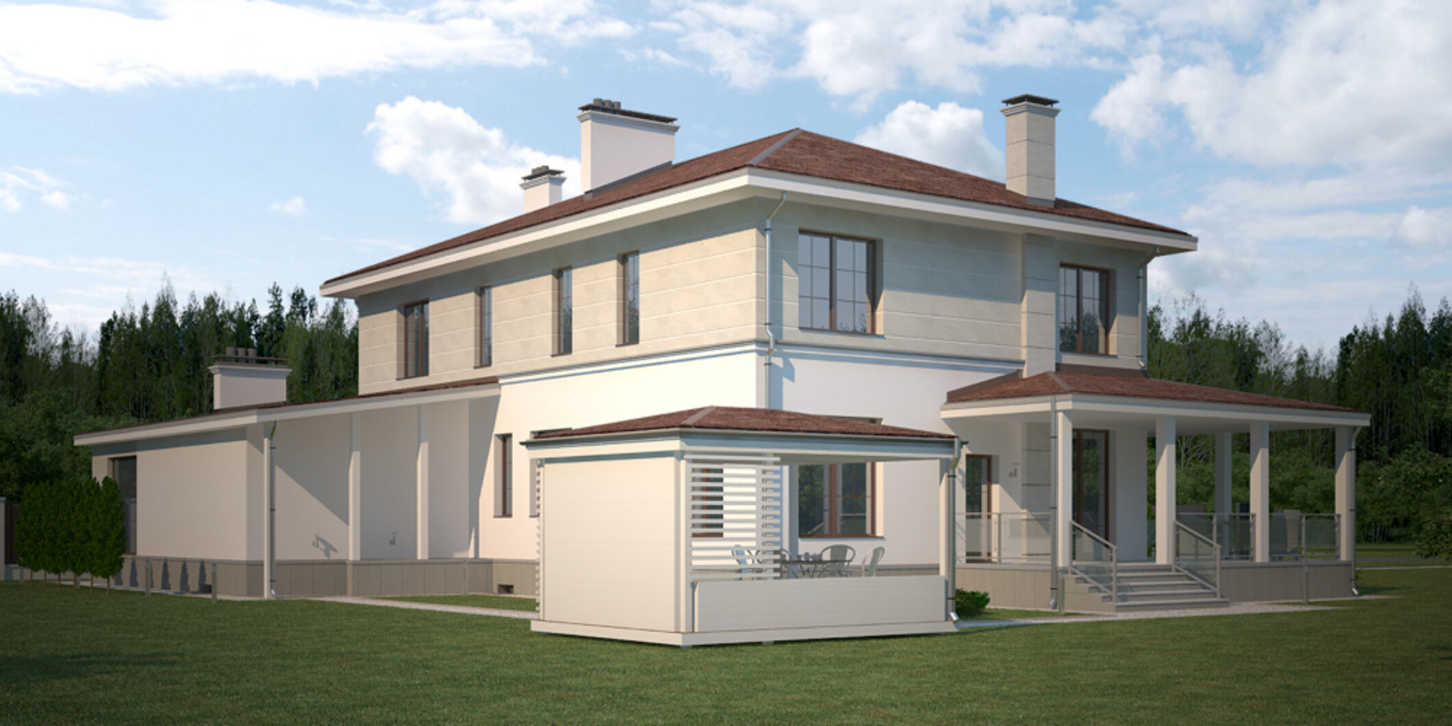 Двухэтажный дом с бассейном для семьи