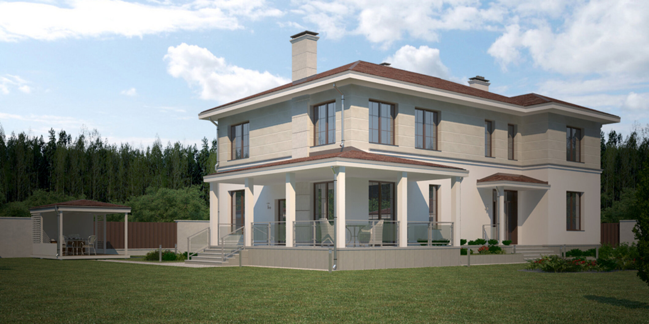 Современная классика. Двухэтажный дом с бассейном