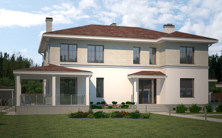 Современная классика. Двухэтажный дом с бассейном