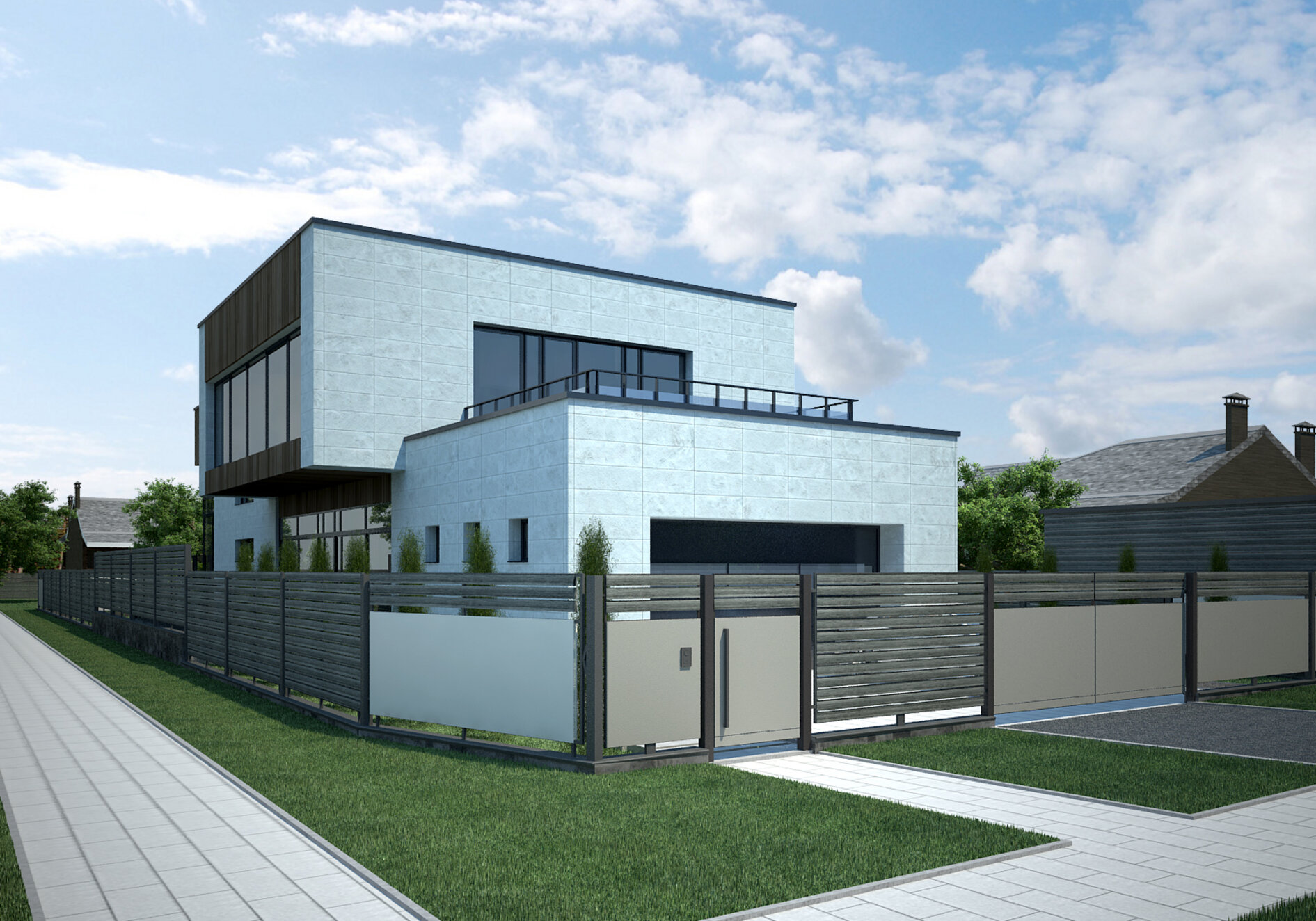 Современный городской дом с забором